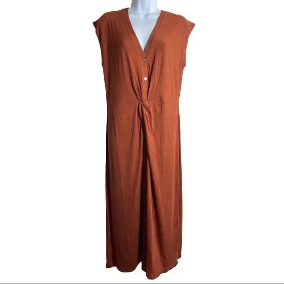 NWT LOFT Rust Orange Henley Twist Midi Dress L - Picture 2 of 10